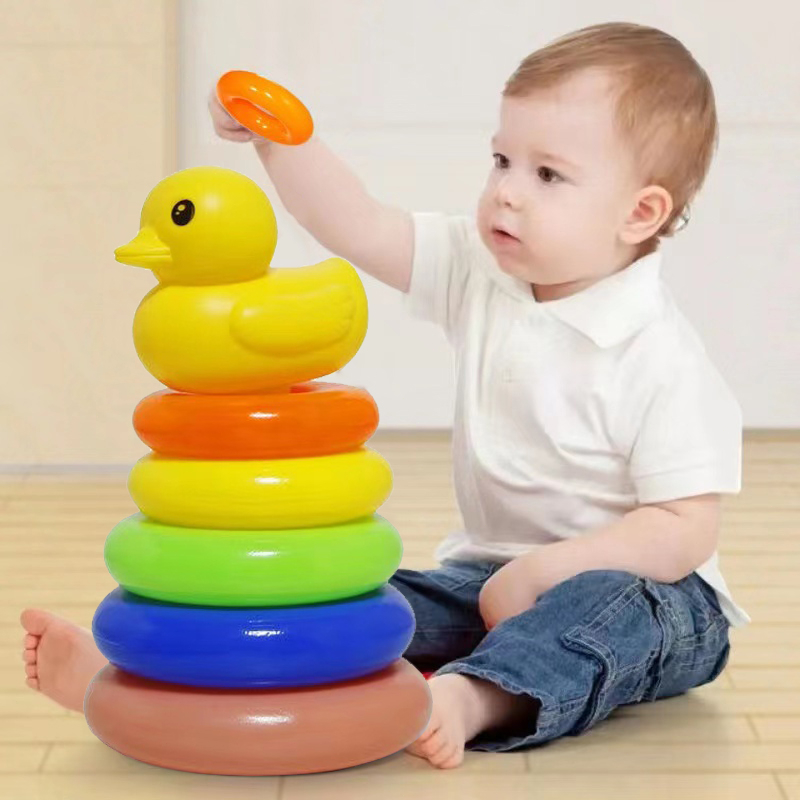 0-3 anni Infantile Apprendimento precoce Arcobaleno Impilabile Giocattoli Puzzle Sviluppo Intelligenza Arcobaleno Torre Set di anelli Anatra gialla