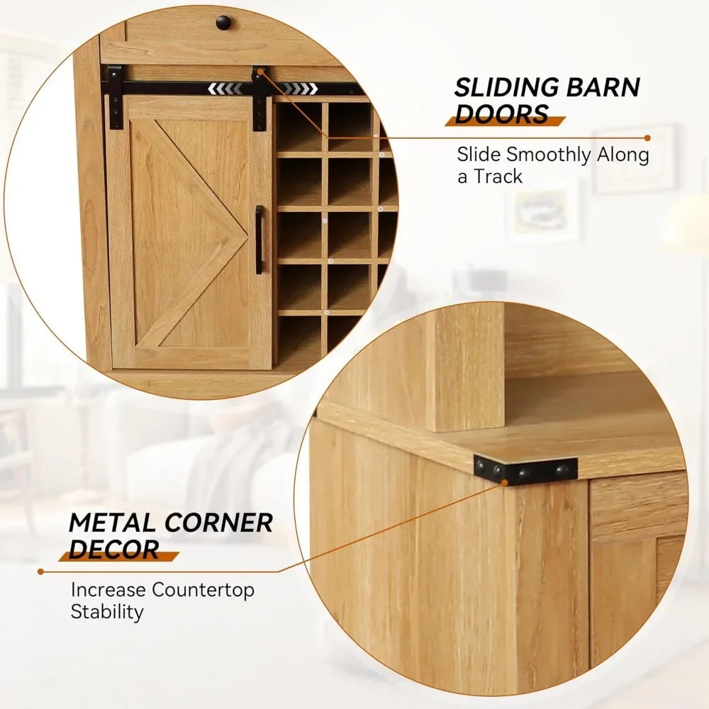 Kaffee-Barschrank mit Wein- und Glasregalen, 72" Schrank mit Schiebetür im Landhausstil