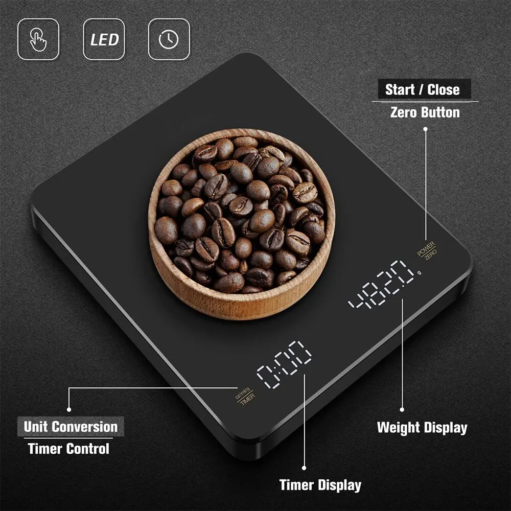 เครื่องชั่งกาแฟดิจิตอลพร้อมเครื่องจับเวลาหน้าจอ LED เอสเปรสโซ่ USB ได้สูงสุด3กก. ชั่งน้ำหนัก0.1ก. ความแม่นยำสูงเครื่องชั่งในครัวออนซ์/มล./กรัม