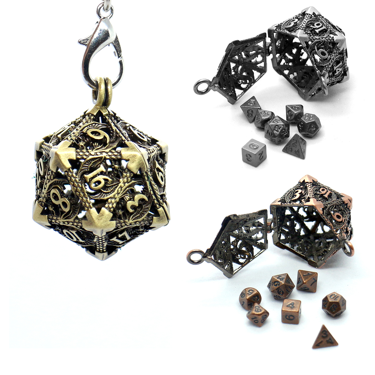 D20 Hohlbox aus Metall + 7-teiliges Würfelset aus Metall, tragbares Brettspielwürfel-Mini-Set