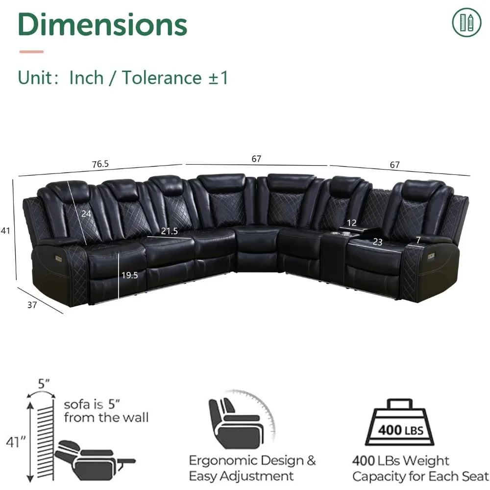 recliner.Black Leather Power Reclining Sectional Sofa，Sectional Couch with Recliner Living Room Set with LED Light/Read