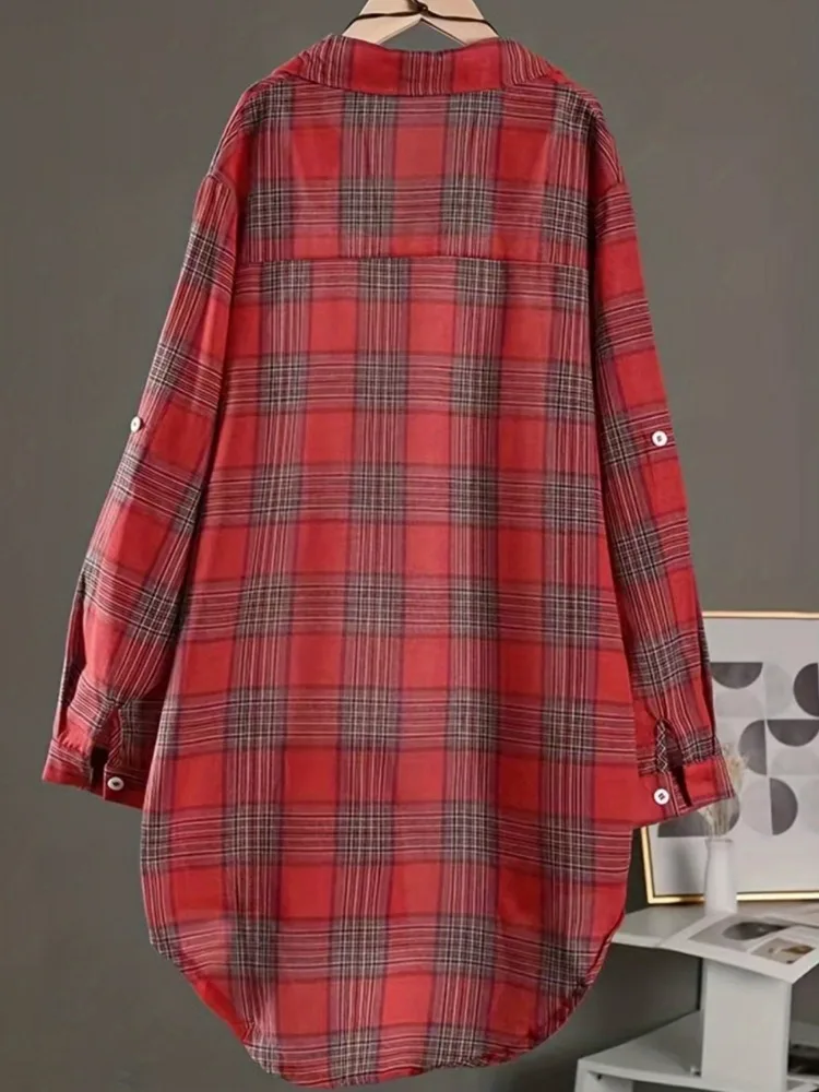 Camisa a cuadros de algodón y lino, holgada, media larga, talla grande, para mujer, informal, diaria