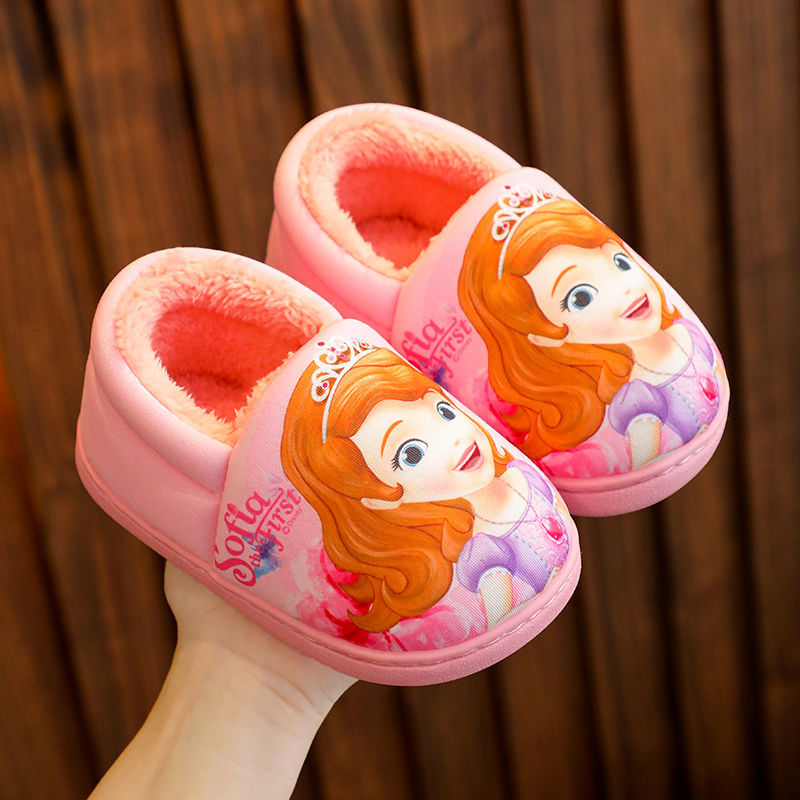 Zapatillas de algodón con tacón para niños de princesa Elsa de Disney, zapatos planos cálidos de algodón de Frozen para niñas, color negro y morado, talla 24-40