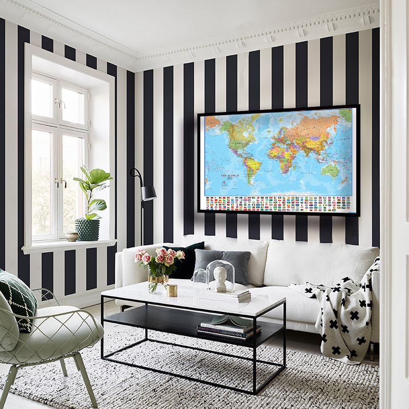 世界地図の大きなポスター、不織布のキャンバス絵画、学校の家庭用品、英語の装飾的な吊り下げ画像、225x150cm