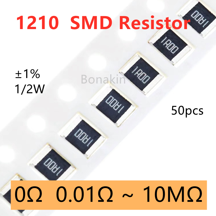 50 шт. 1210 1% резистор SMD 0,01R0.03R0.05R0.1R0.15R0.2R0.3R0.5R2R3.3R10R20R51R100R200R330R1K1.2K2.2K3.3K4.7K5.1K10K100K1MΩ Ом