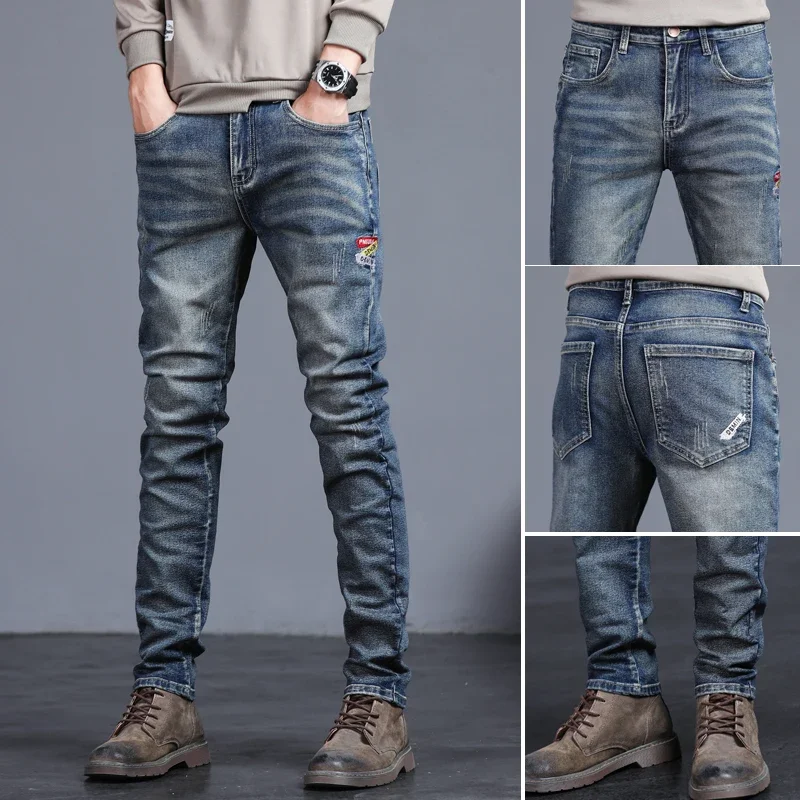 Pantalones vaqueros Vintage para hombre, ropa de calle elástica con bordado de pies pequeños, ajustados, moda coreana, novedad