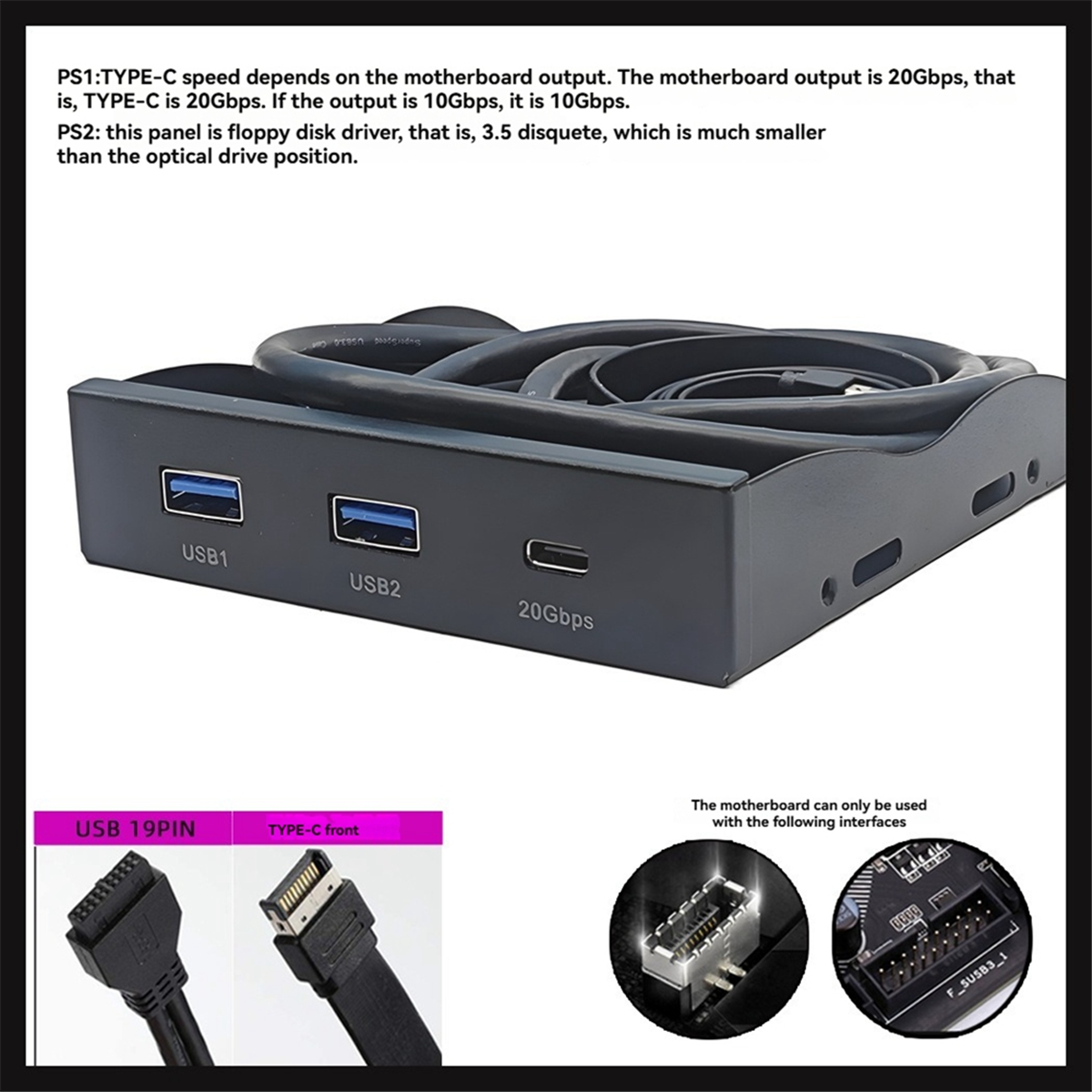 BABQ USB3.2 GEN2 TYPE-C Panel frontal de disquete de 3,5 pulgadas 2 puertos USB3.2 + 1 puerto USB3.2 tipo C 20Gbps para bahía de unidad de disquete de 3,5 pulgadas