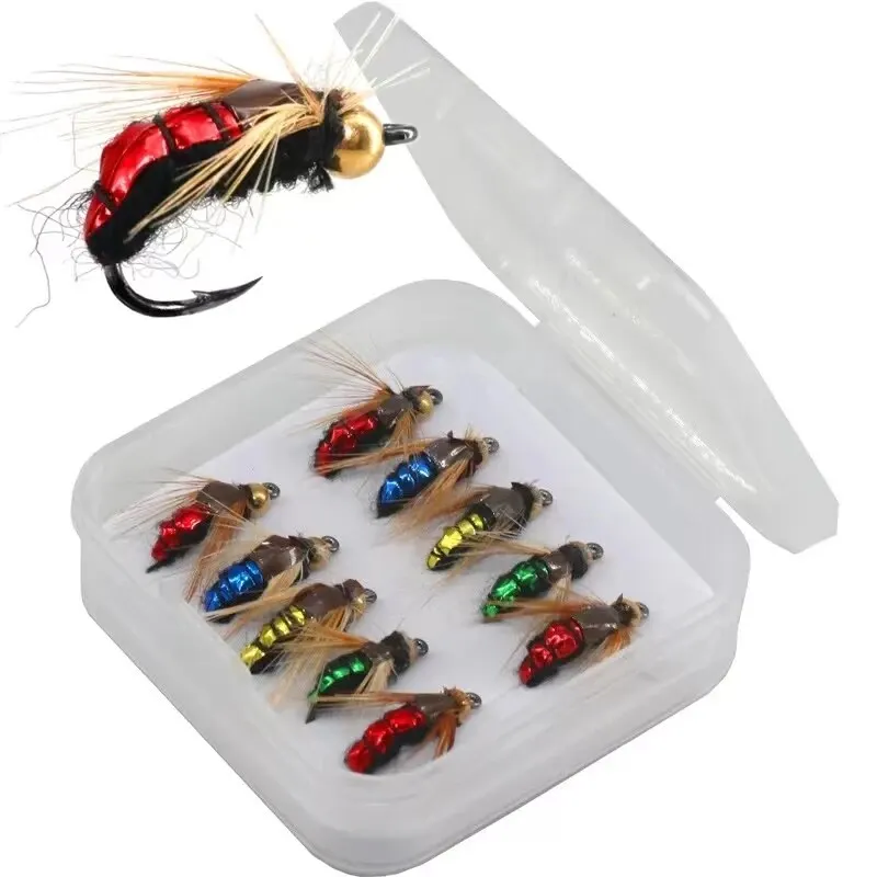 5/10 Uds cebo de pesca de insectos artificiales, cabeza de cuentas de latón de hundimiento rápido Scud mosca gusano trucha señuelo de pesca