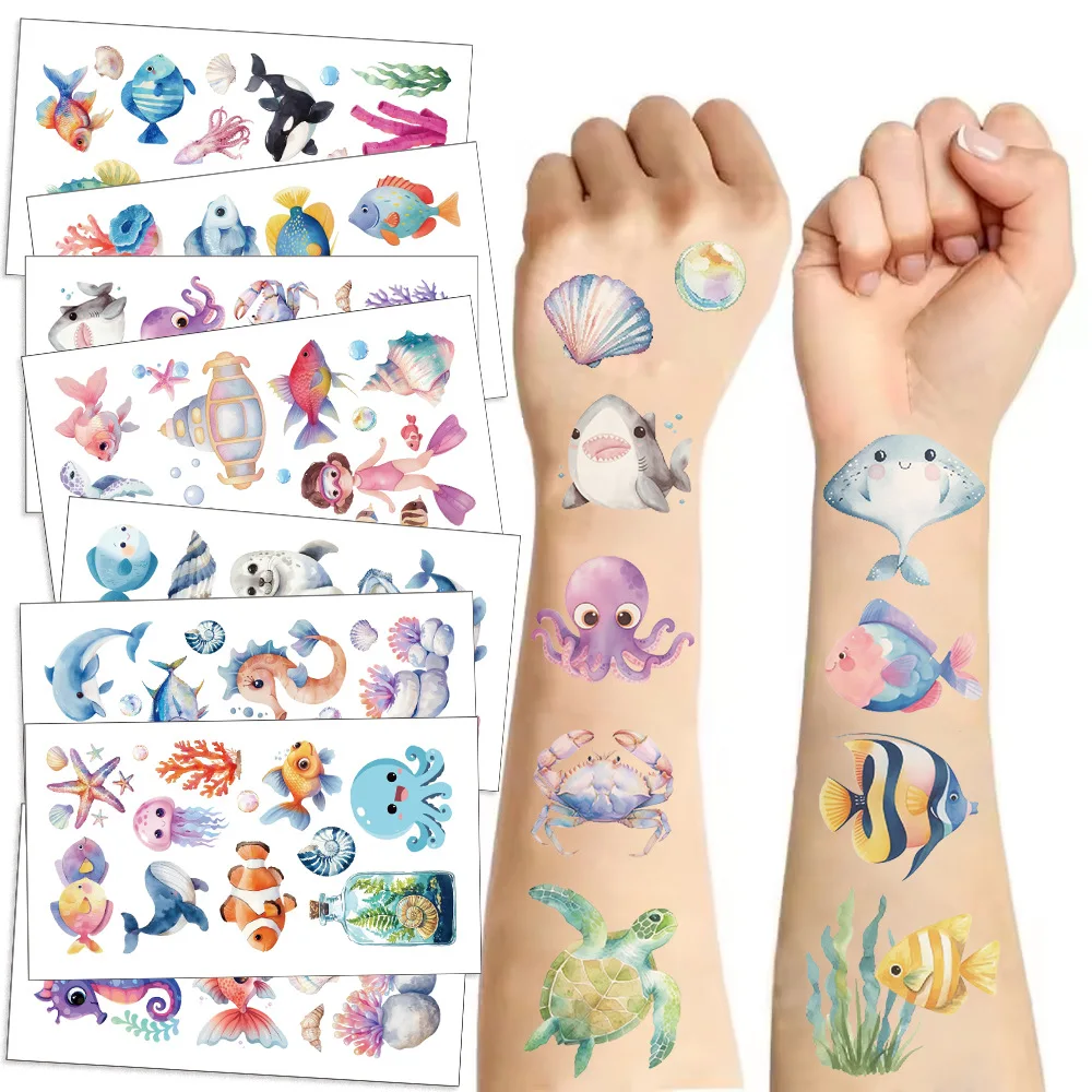 10 hojas de pegatinas de tatuaje de animales marinos, tatuaje falso temporal para brazos, manos, cuerpo, tatuajes impermeables, regalo, juguetes para niños