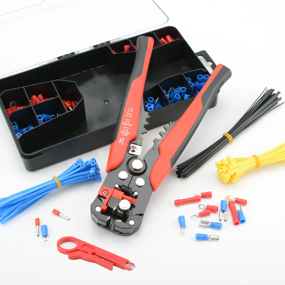 Kit de cortador de cables autoajustable, juego de herramientas de prensado para electricista con estuche, alicates pelacables multifuncionales