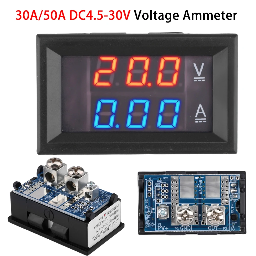 DC4.5-30V vôn kế kỹ thuật số Mini 30A 50A Ampe kế 3 bit 0.28 "Đồng hồ đo dòng điện áp LED kép Máy kiểm tra điện áp tích hợp Shunt