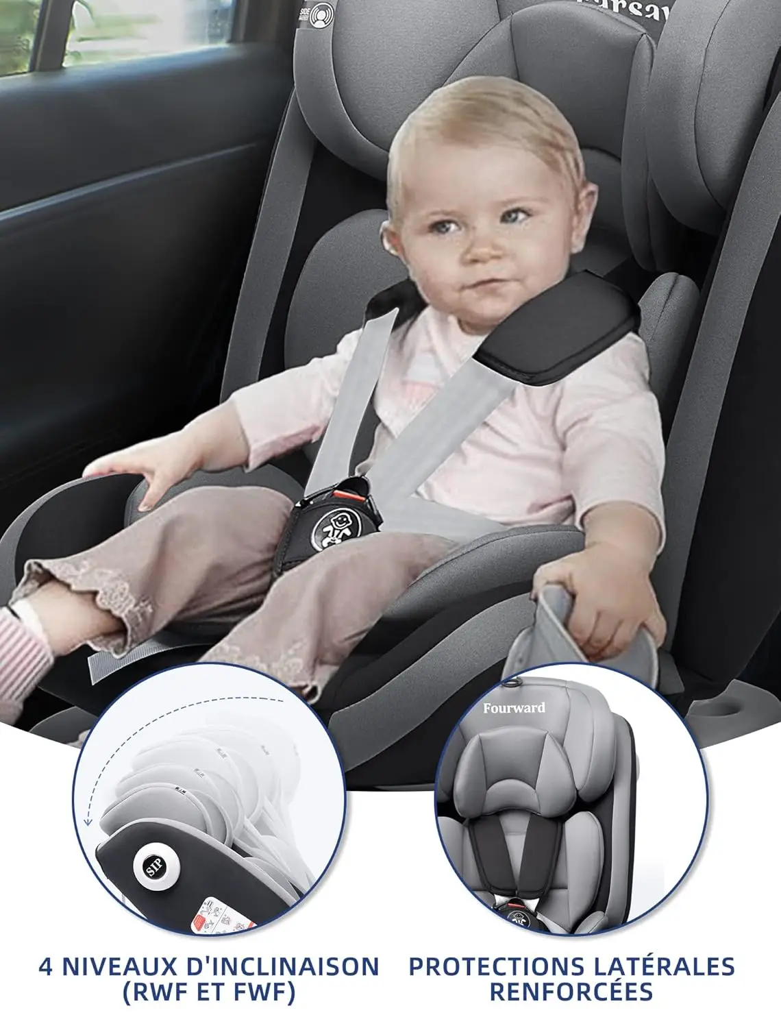 Siège auto bébé AP03 KL005 ECE R129 pivotant à 360° avec Isofix ECE R129, Groupe 0+1/2/3 (9-36 kg/0-12 ans), ceinture de sécurité 5 points