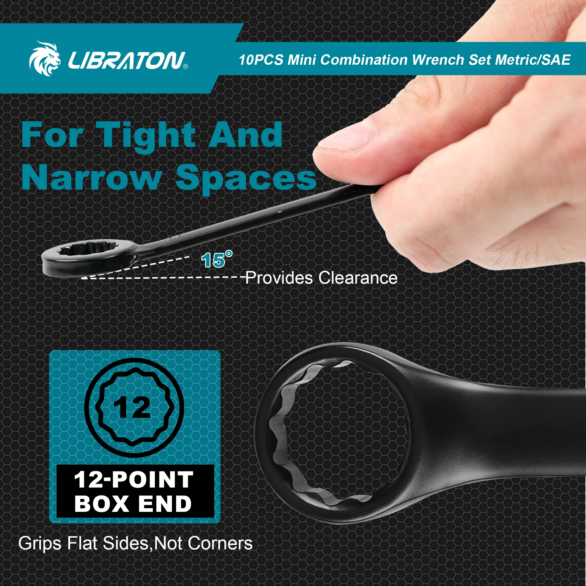 LIBRATON 10PCS Mini Combination Wrench Set with Rolling Pouch Metric 4-11mm/SAE 5/32"-7/16" Carbon Steel
