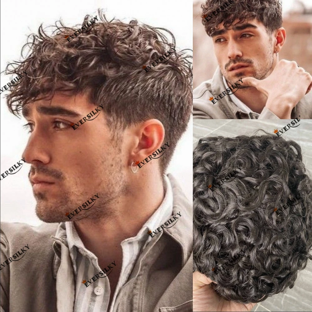 Base complète de peau 20mm cheveux humains bouclés toupet pour hommes système de prothèse Durable morceau de cheveux noir/marron 130 densité ligne de front naturelle