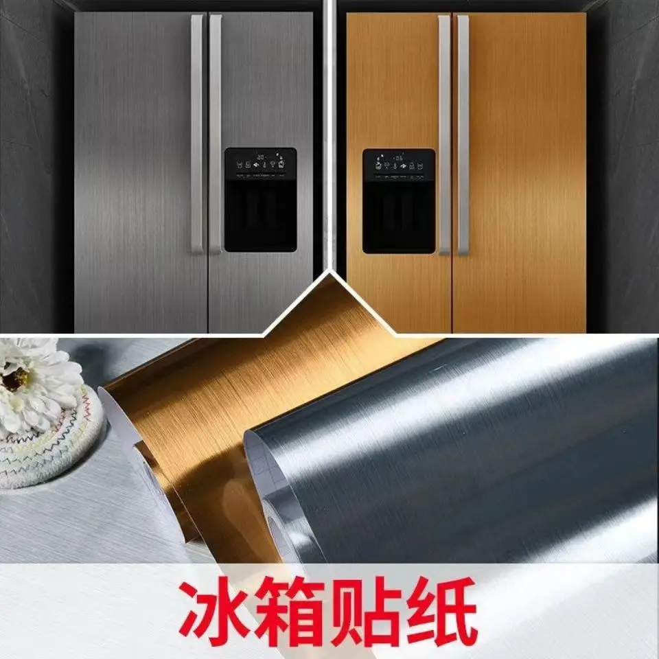 Self-กาวกันน้ําตู้แช่แข็งRefurbishedตู้ครัวCooktopสติกเกอร์ลิฟท์วอลล์เปเปอร์โลหะแปรงฟิล์ม
