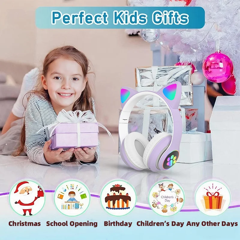 P47M auriculares inalámbricos luz de Flash lindo gato Bluetooth con Control de micrófono LED estéreo música casco teléfono Bluetooth auriculares regalo