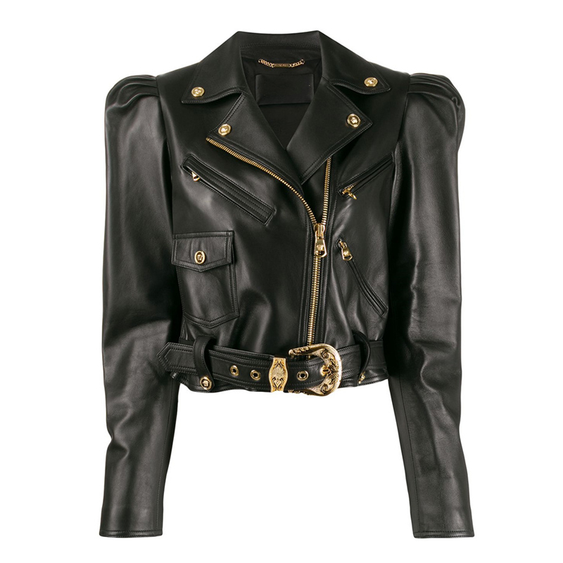 Chaquetas de piel auténtica para mujer, abrigos cortos de manga abombada, ajustados, de piel de oveja, para motociclista, 100%