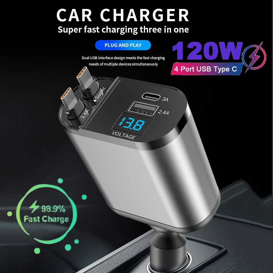 4 IN 1 Auto Telefoon Oplader 120 W USB C Snel Opladen Voor IPhone Huawei Samsung Auto Snel Opladen snoer Sigarettenaansteker Adapter