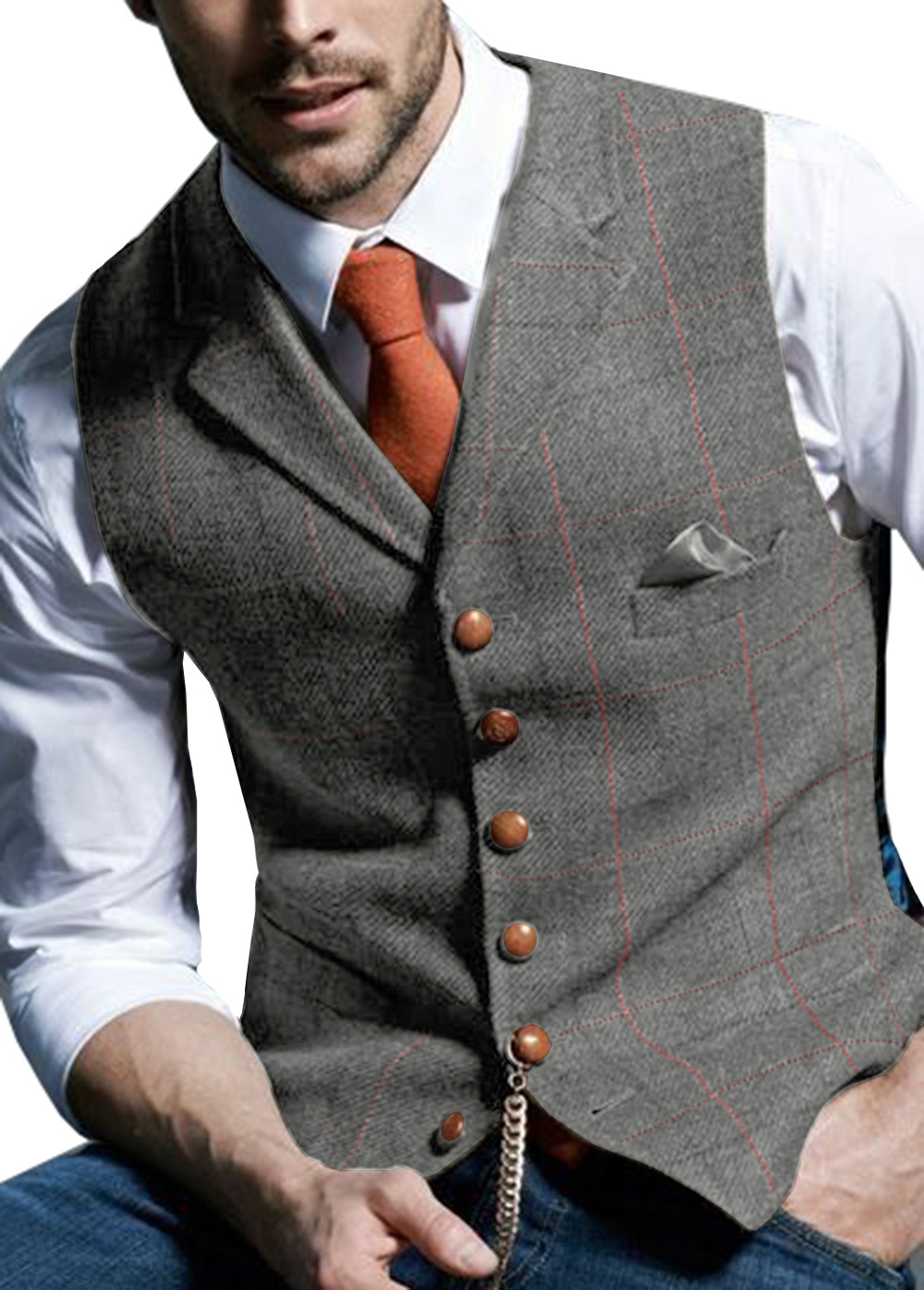 Marrom casual cavalheiro masculino exército verde colete xadrez jaqueta de lã macia tweed colete de negócios para casamento melhor homem