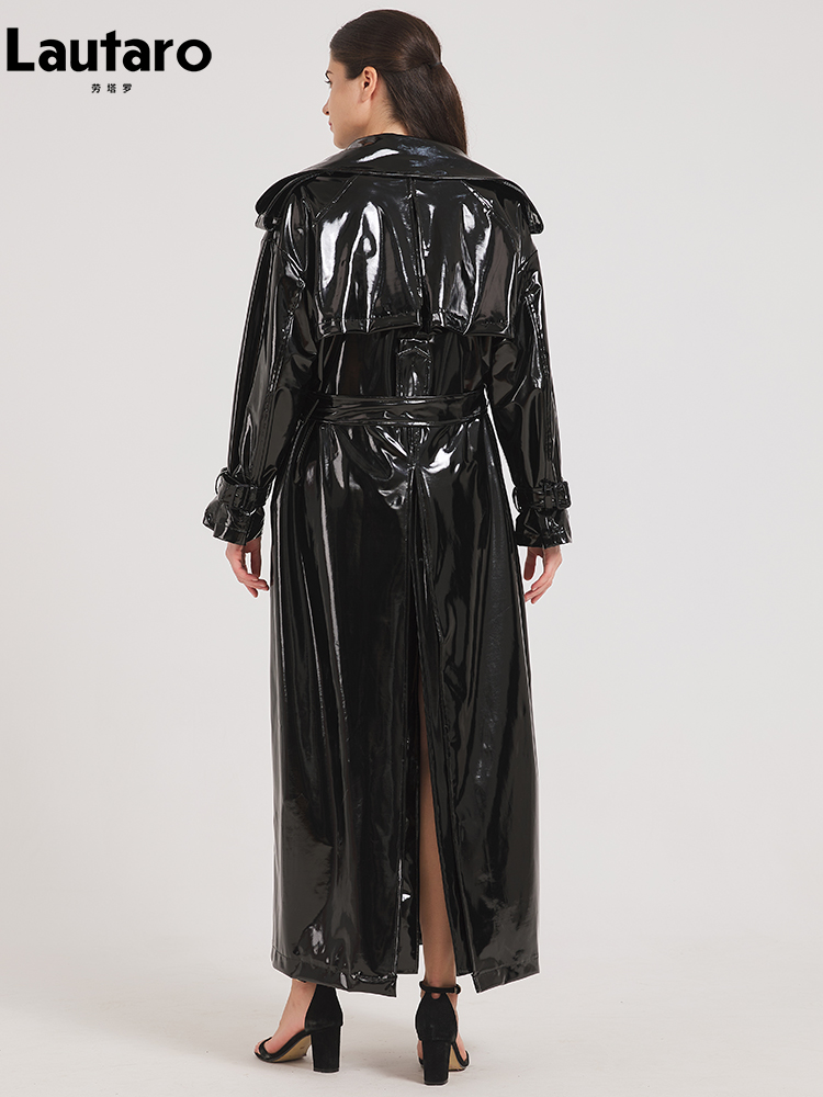 Lautaro printemps automne Extra Long noir brillant réfléchissant doux extensible en cuir verni Trench manteau pour les femmes Maxi pardessus 2024