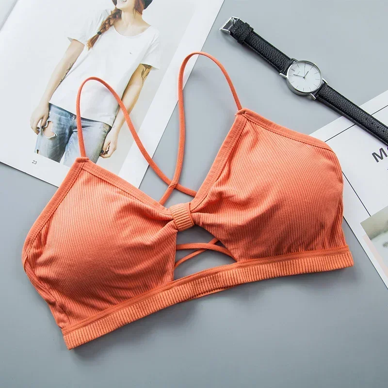 Sujetador deportivo con tirantes para mujer, sujetador con tiras cruzadas, lencería transpirable para Fitness, ropa interior sin costuras de Color sólido para mujer