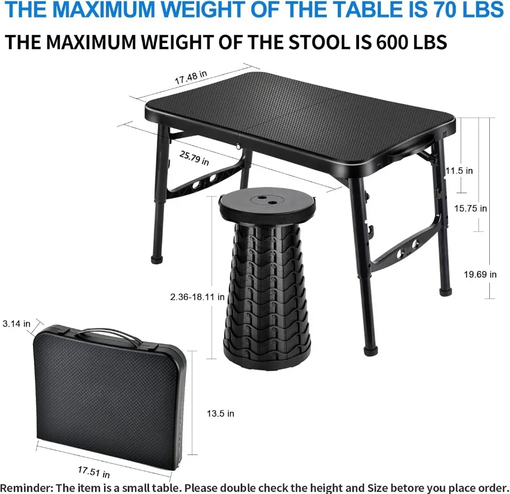 Retractable Folding Table and Stool Set, Portable Camping Foldable Table Lightweight Yet More Sturdy with Adjustable Stool