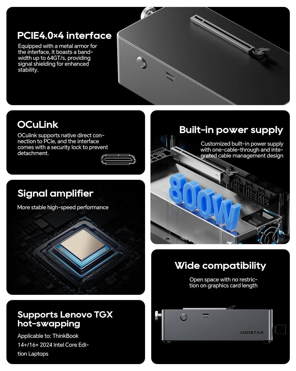 AOOSTAR AG01 External Graphics Card Dock with OCulink Port Built-in Huntkey 800W Power Supply for Gaming PC EGPU Docking Station