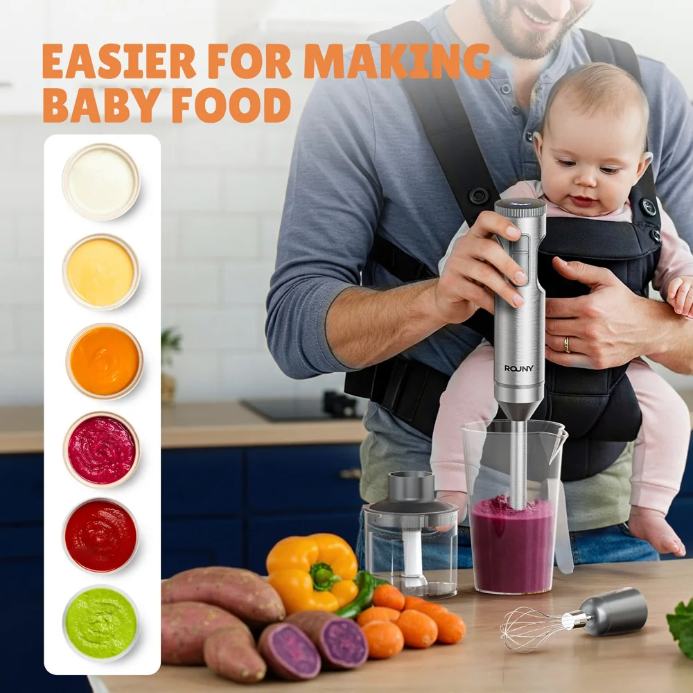 Ręczny blender zanurzeniowy 4 w 1, blender do żywności dla niemowląt z blokadą bezpieczeństwa, ostrze ze stali nierdzewnej, MAX 1200W