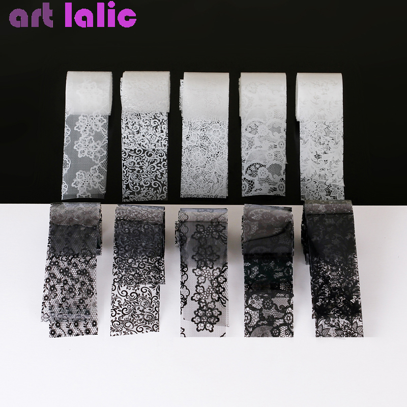 10 Rollos de Pegatinas de Papel de Aluminio de Encaje Negro y Blanco para Decoración de Uñas, Diseños de Flores para Arte de Uñas DIY
