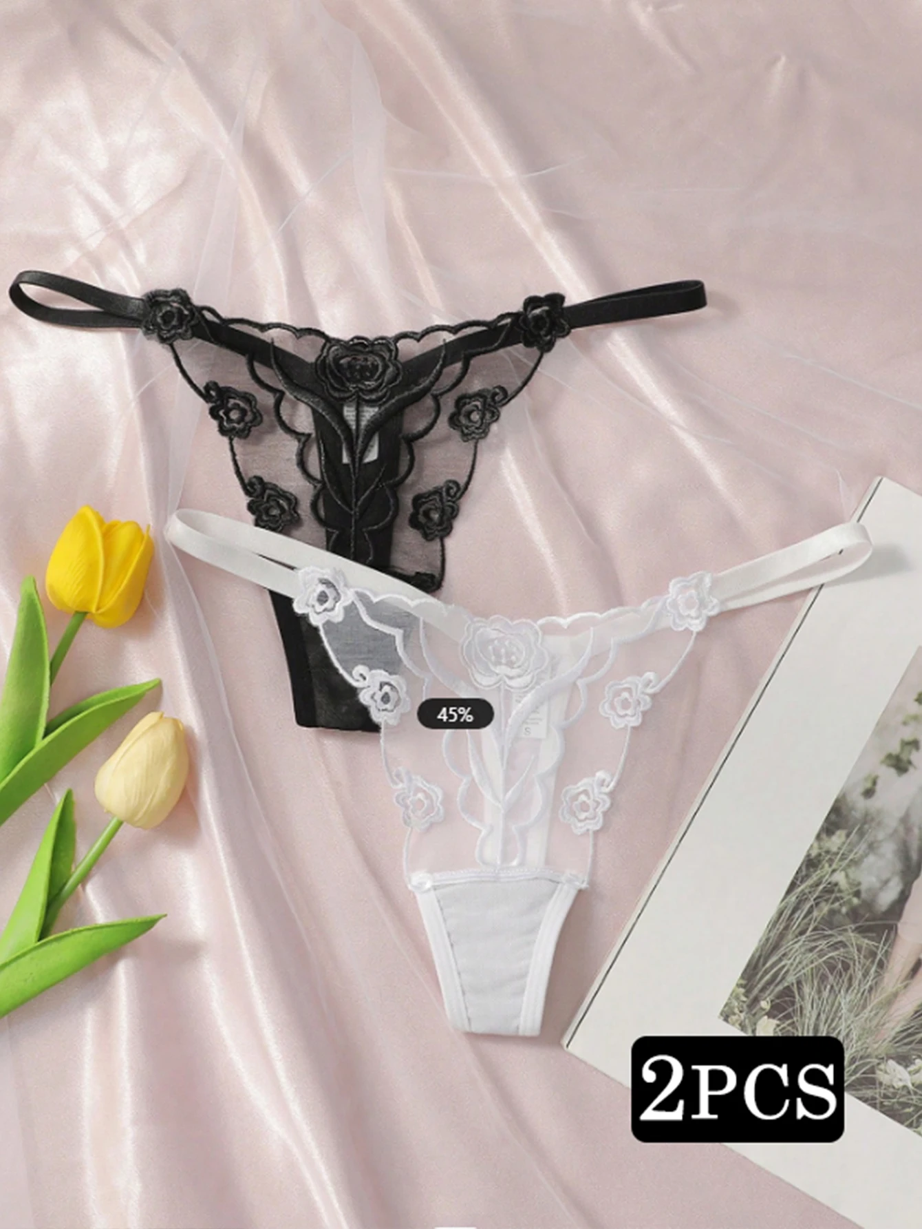 2 uds nuevo encaje Sexy blanco y negro bordado estampado de flores conjunto Sexy Tanga ropa interior C2648