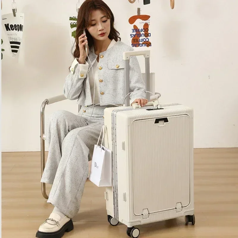 Vorne öffnender Rollgepäckkoffer mit großer Kapazität, Aluminiumrahmen, ABS + PC-Trolley, Koffer, USB-Lade-Boarding-Koffer