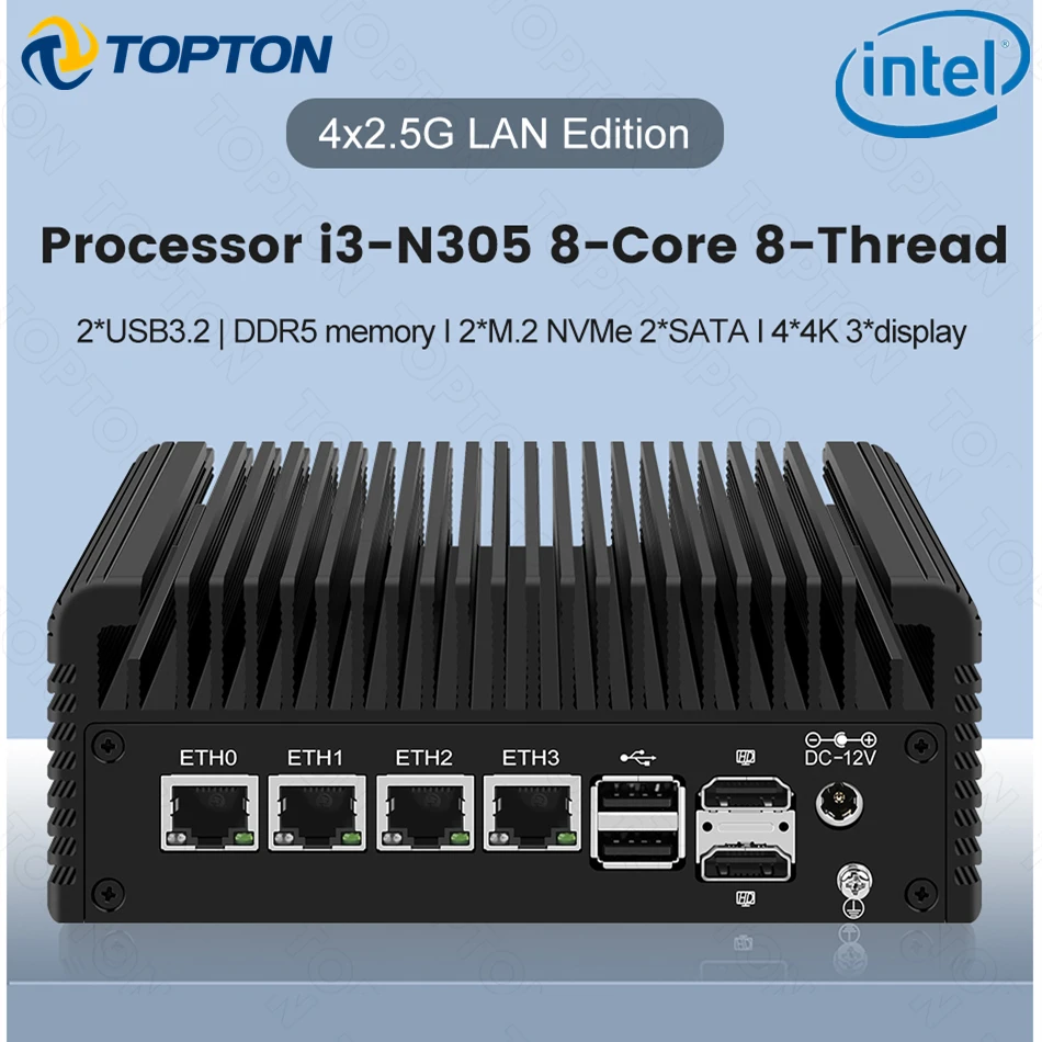 2,5G Firewall Router Intel i3 N355 N305 N150 N100 4xi226-V LANs DDR5 Typ-C 6*USB 2*NVMe 2*SATA Lüfterloser Mini-PC Proxmox pfSense