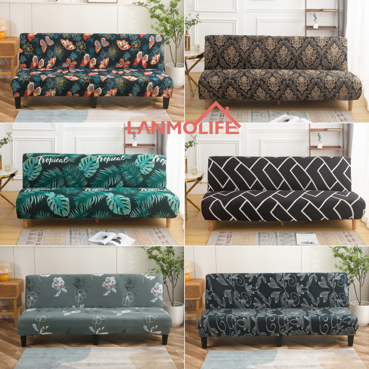 LANMOLIFE Fundas para futón sin brazos Funda para sofá cama plegable elástica con parte inferior elástica, funda para sofá ajustada estampada