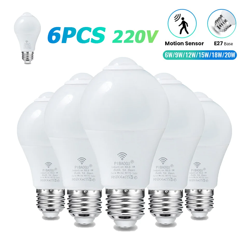 6 uds bombillas LED luz con Sensor de movimiento de Radar 220V E27 bombilla LED encendido/apagado automático trabajo en radiación nocturna Detector de movimiento luz de seguridad