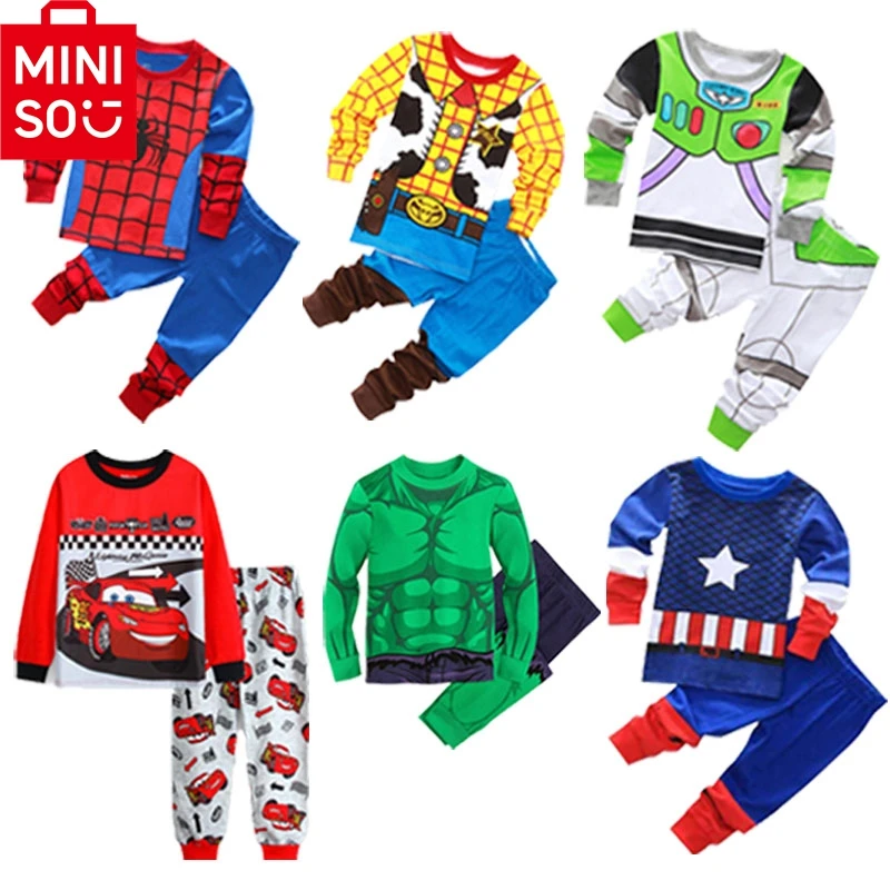 MINISO Little Boys เสื้อผ้า Disney ชุดนอนชุดบูติกผ้าฝ้ายชุดนอนเด็กชุดนอนแขนยาว 2 ชิ้นชุด 2 ถึง 3 5 6 7 ปี