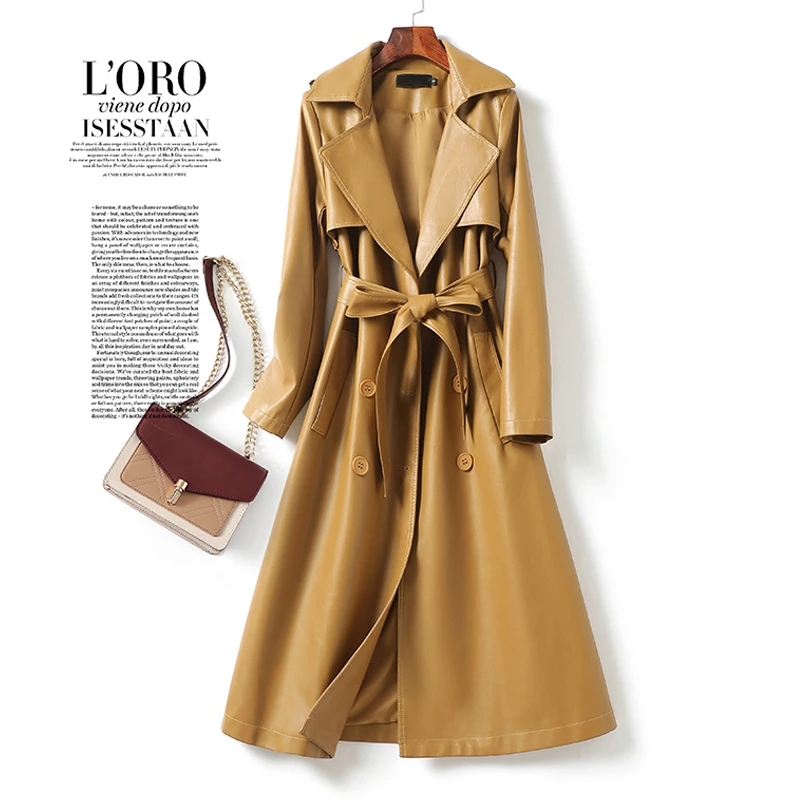 Gabardina de cuero genuino con cinturón de doble botonadura para mujer, abrigos elegantes de longitud media, prendas de vestir de piel de oveja Real, otoño e invierno, 2023