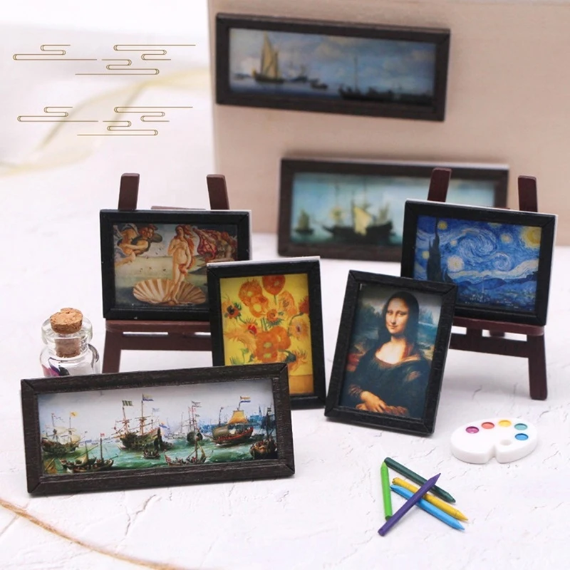 8 ピース/セット 1:12 ドールハウスミニチュアヴィンテージ油絵壁画写真壁絵シーンの装飾ドールハウスアクセサリー