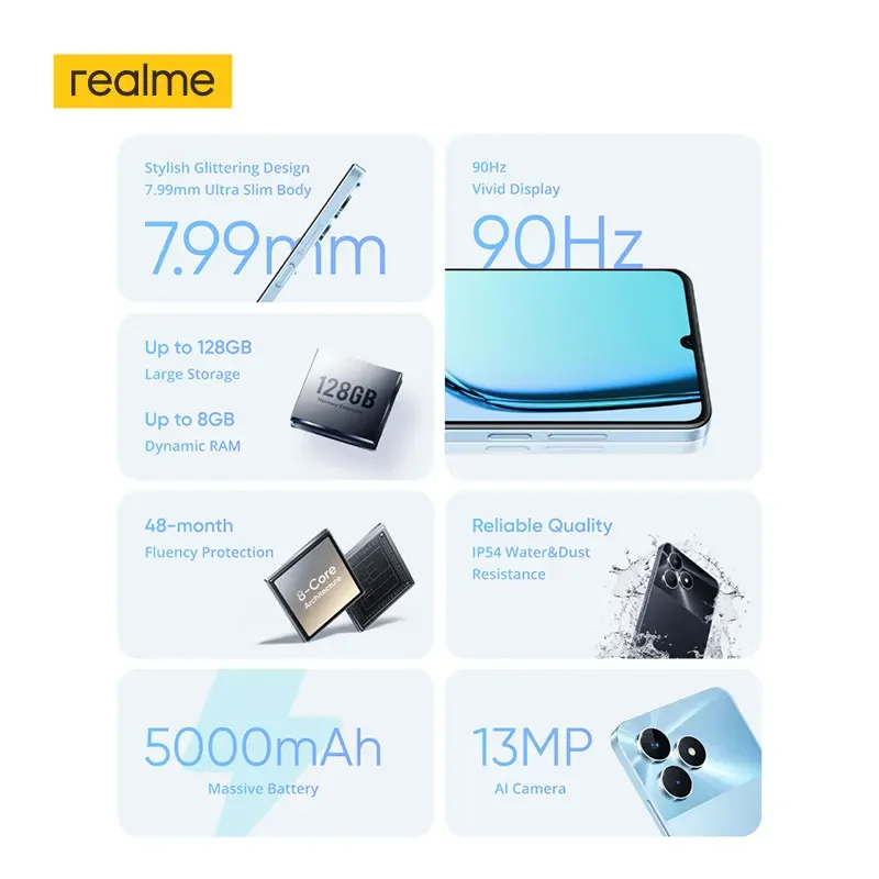 Realme note 50 6.74 ''90hz tela grande 13mp ai câmera ip54 à prova dip54 água 5000mah carregamento rápido poderoso chipset de 8 núcleos novo