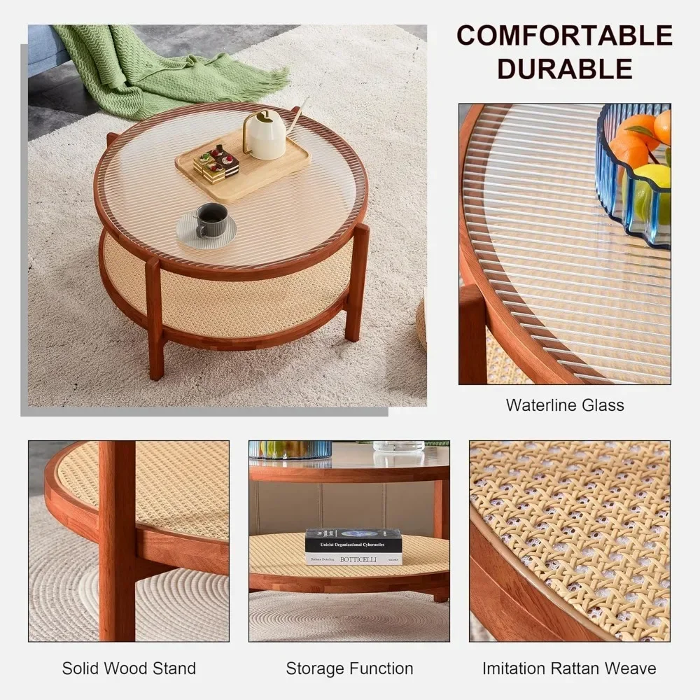 Moderner runder Couchtisch mit Stauraum, kleiner Rattan-Couchtisch mit Glasplatte, Teetisch mit 2-stufigem Ablagefach für