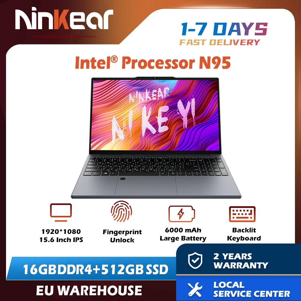 Ninkear Laptop N15 Air 15.6" FHD IPS 16GB DDR4 512GB SSD Intel N95 180° Flip with Fingerprint Unlock Backlit Keyboard Windows 11
