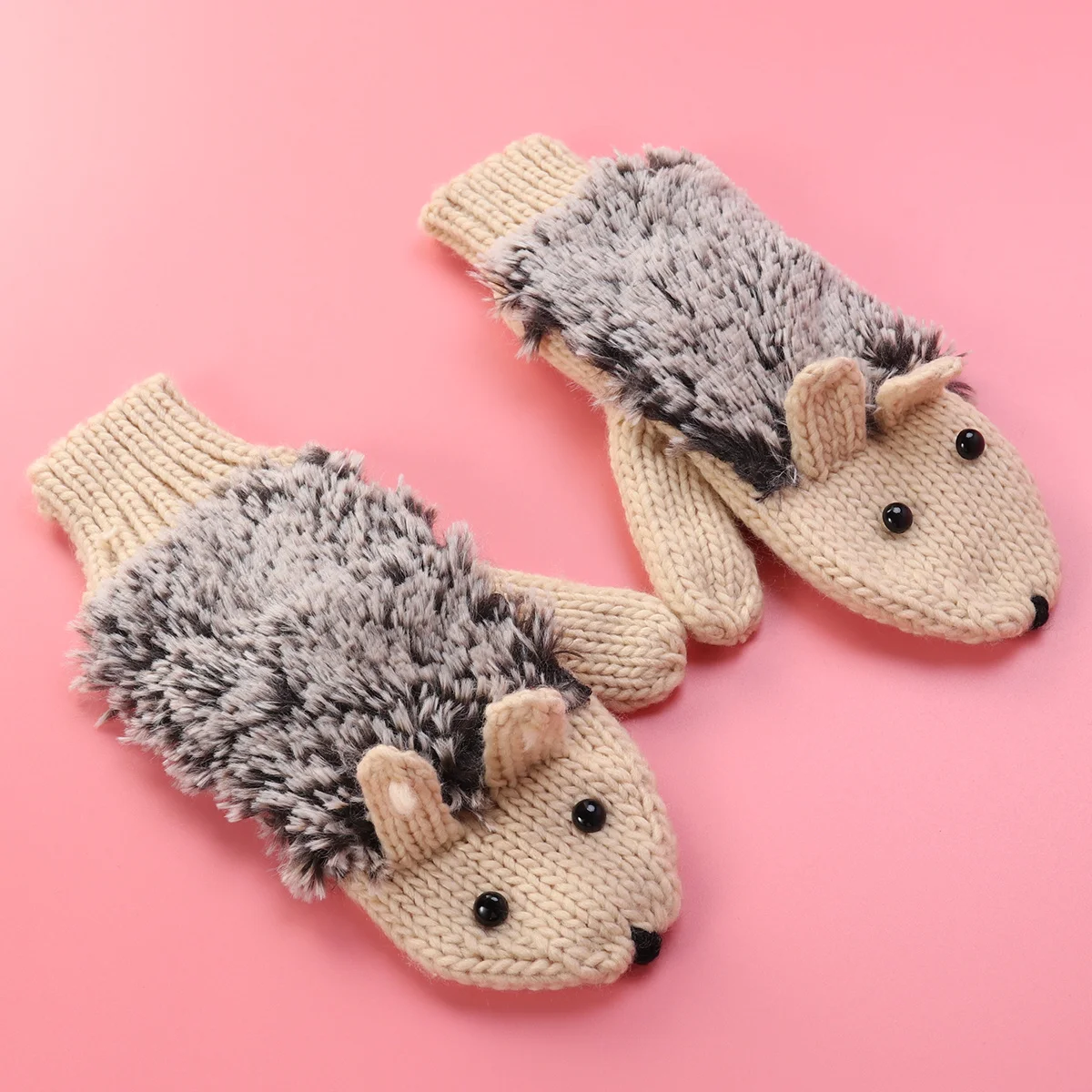 Universelle Handschuhe aus Wolle mit Igelmuster, dick, warm und atmungsaktiv, Einheitsgröße, passend für die meisten Winter-Strickhandschuhe mit gerippten Bündchen, Beige