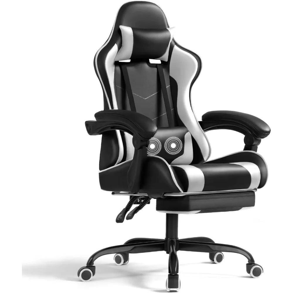 Gaming Chair with Footrest and Massage Lumbar Support, Video Game Chairs 360°Swivel and Height Adjustable Seat