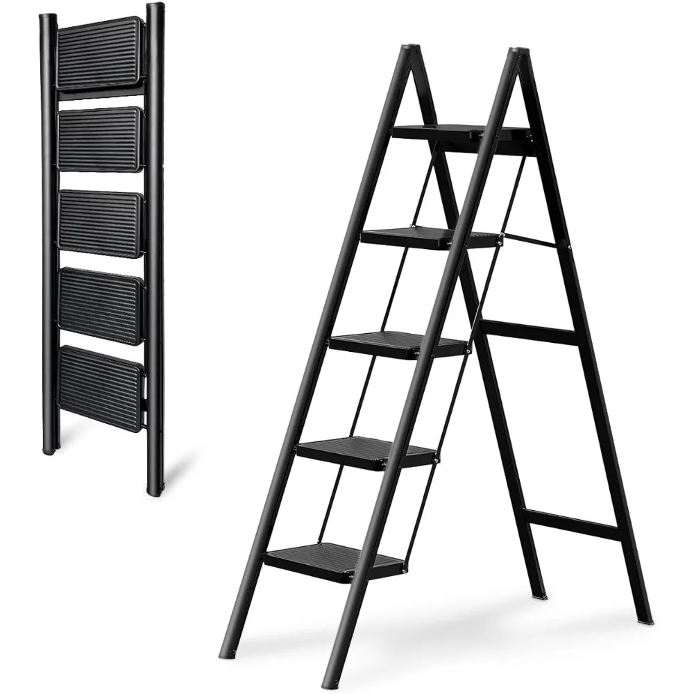 5 Step Folding Heavy Duty Step Ladder, 330 Lbs Load, Black, Iron & Plastic, 46 Inch Tall, Anti-Slip, Multi-Position