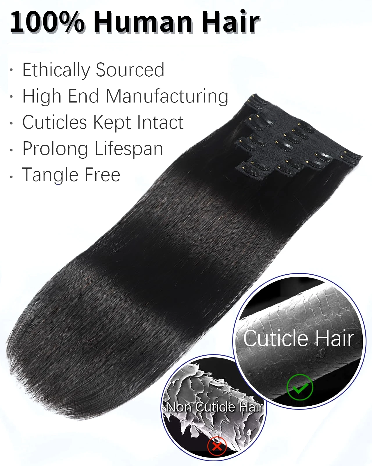 Clip droit dans les Extensions de cheveux humains noir naturel 100% ensemble de cheveux humains avec 18Clips Extension de cheveux Double trame pour femme