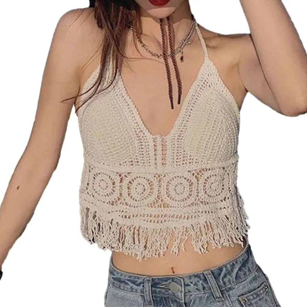 Top Halter de ganchillo para mujer, Top corto de punto para playa con flecos, blusa estilo bohemio con cordones y espalda descubierta, ropa para vacaciones y Festival