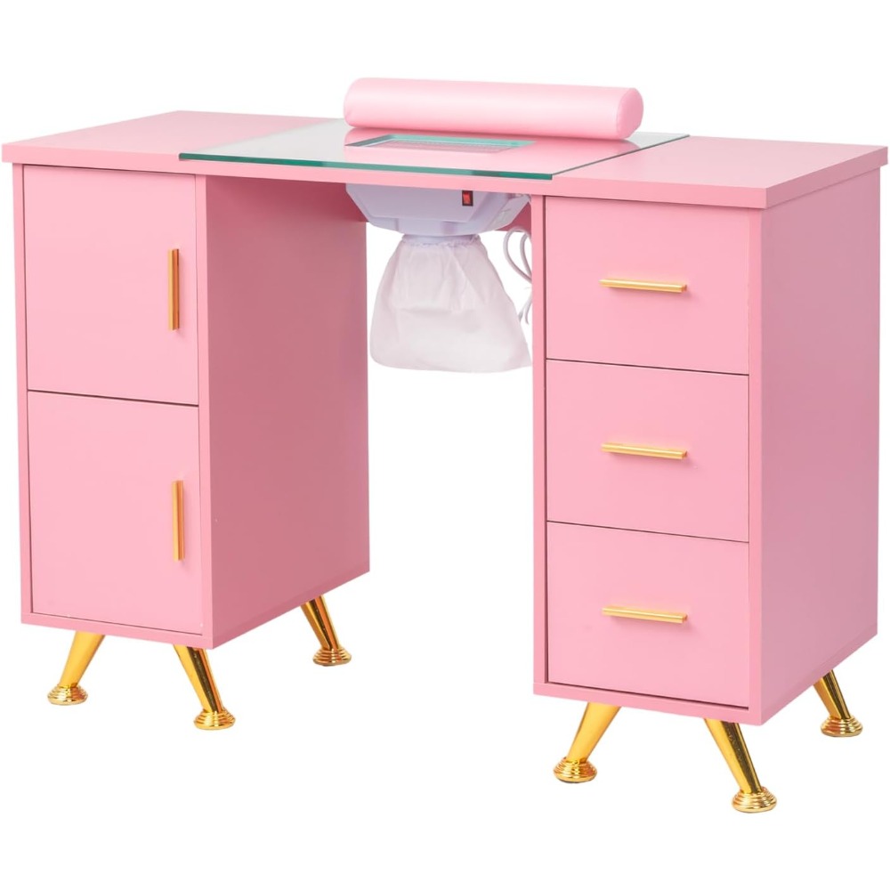 Beauty salon nail supplies decoration workstation anti acetone with 2 side cabinets and 3 drawers, pink