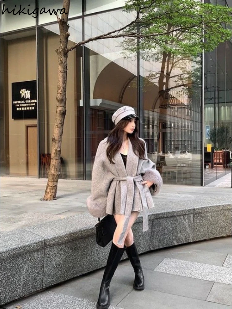 Mode Mäntel für Frauen Patchwork Pelzigen Langarm Bandage Outwear Koreanische Y2k Kleidung Koreanische Temperament Einfarbig Jacken