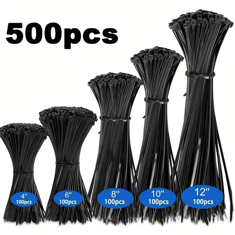 500 bridas para cables de nailon resistentes, color negro, tamaños versátiles para todas sus necesidades: 4", 6", 8", 10", 12 ", alta resistencia a la tracción