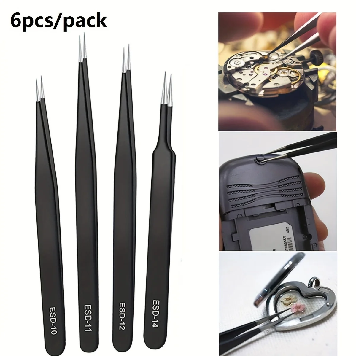 Jeu de pincettes antistatiques ESD de précision, outil durable en acier inoxydable de 6 pièces pour la réparation électronique et la modélisation des processus, la flexion et le St