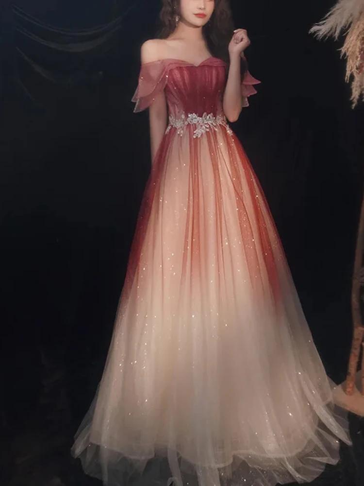 Vestidos De graduación con degradado para mujer, Vestido De noche con hombros descubiertos De lujo, brillante con apliques, 2023